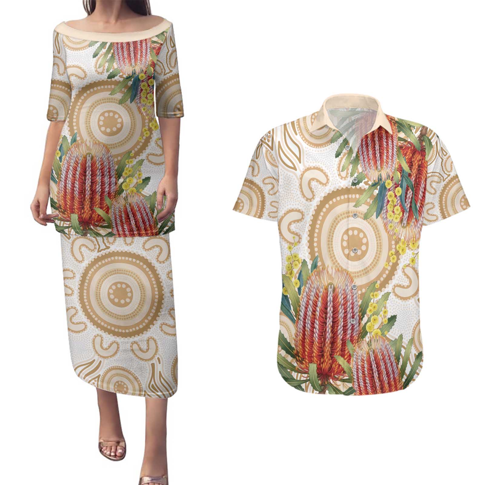 Australia Banksia Couples Matching Puletasi and Hawaiian Shirt Aussie Native Flowers Indigenous Art - Aussie Hoodie