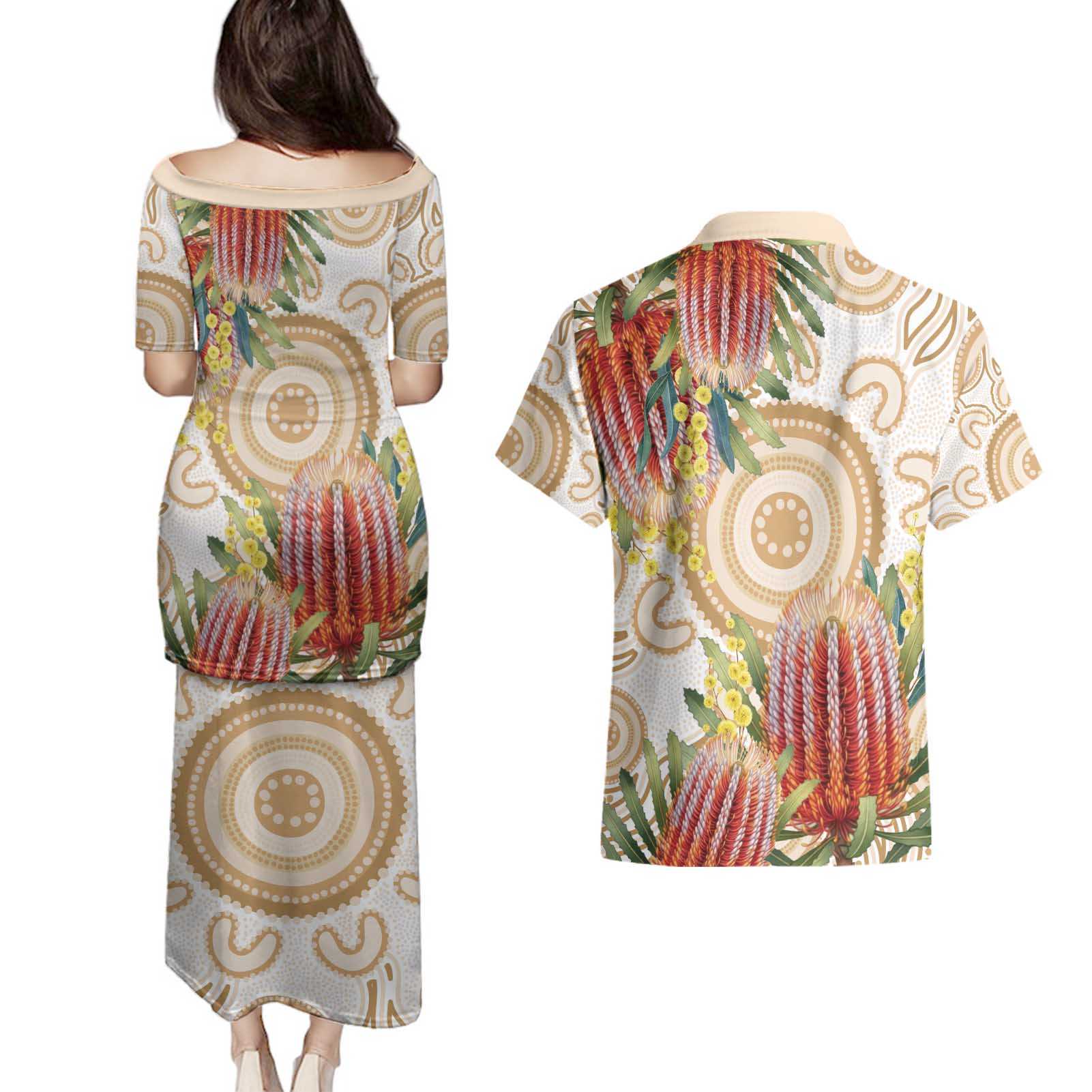 Australia Banksia Couples Matching Puletasi and Hawaiian Shirt Aussie Native Flowers Indigenous Art - Aussie Hoodie