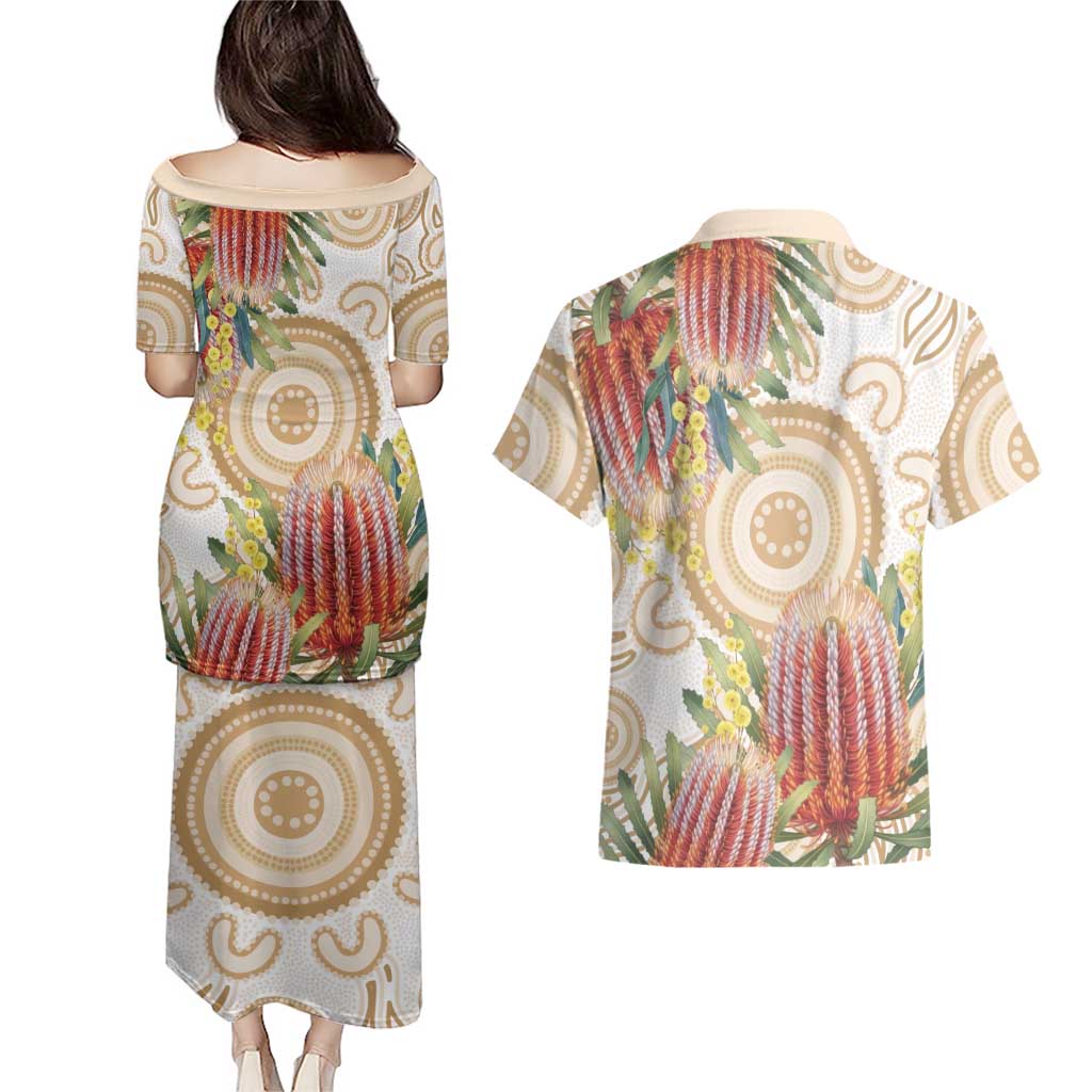 Australia Banksia Couples Matching Puletasi and Hawaiian Shirt Aussie Native Flowers Indigenous Art - Aussie Hoodie