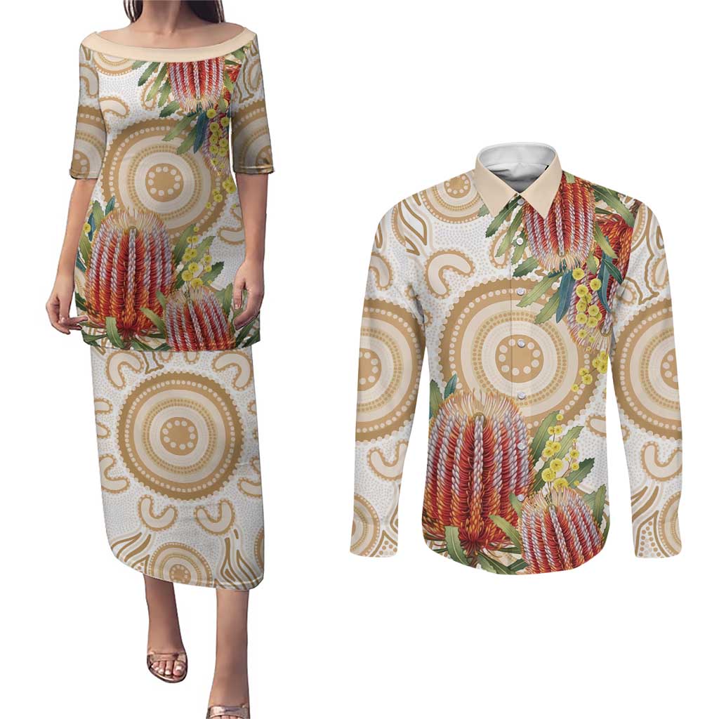 Australia Banksia Couples Matching Puletasi and Long Sleeve Button Shirt Aussie Native Flowers Indigenous Art - Aussie Hoodie