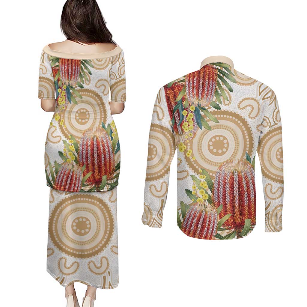 Australia Banksia Couples Matching Puletasi and Long Sleeve Button Shirt Aussie Native Flowers Indigenous Art - Aussie Hoodie