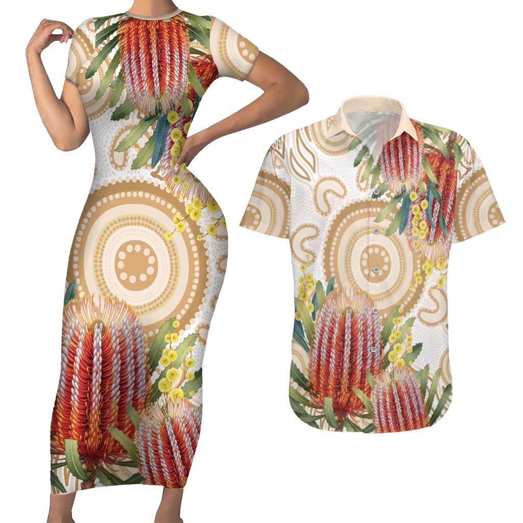 Australia Banksia Couples Matching Short Sleeve Bodycon Dress and Hawaiian Shirt Aussie Native Flowers Indigenous Art - Aussie Hoodie