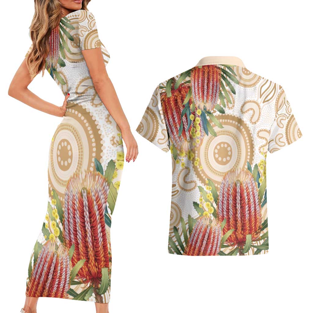 Australia Banksia Couples Matching Short Sleeve Bodycon Dress and Hawaiian Shirt Aussie Native Flowers Indigenous Art - Aussie Hoodie