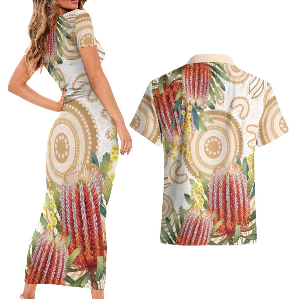 Australia Banksia Couples Matching Short Sleeve Bodycon Dress and Hawaiian Shirt Aussie Native Flowers Indigenous Art - Aussie Hoodie
