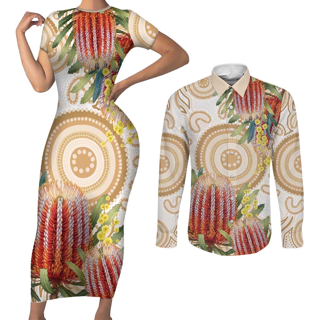 Australia Banksia Couples Matching Short Sleeve Bodycon Dress and Long Sleeve Button Shirt Aussie Native Flowers Indigenous Art - Aussie Hoodie