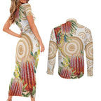 Australia Banksia Couples Matching Short Sleeve Bodycon Dress and Long Sleeve Button Shirt Aussie Native Flowers Indigenous Art - Aussie Hoodie