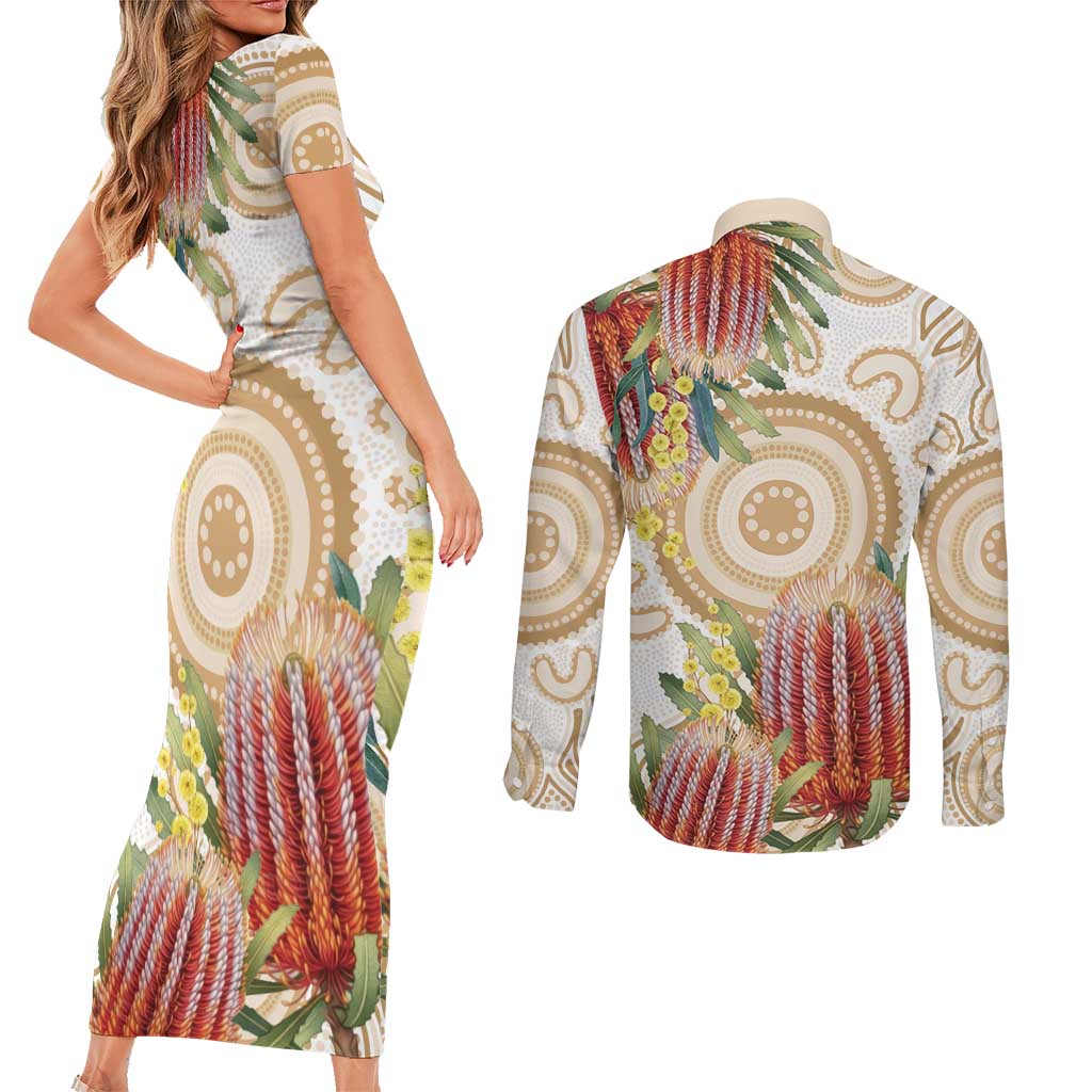 Australia Banksia Couples Matching Short Sleeve Bodycon Dress and Long Sleeve Button Shirt Aussie Native Flowers Indigenous Art - Aussie Hoodie