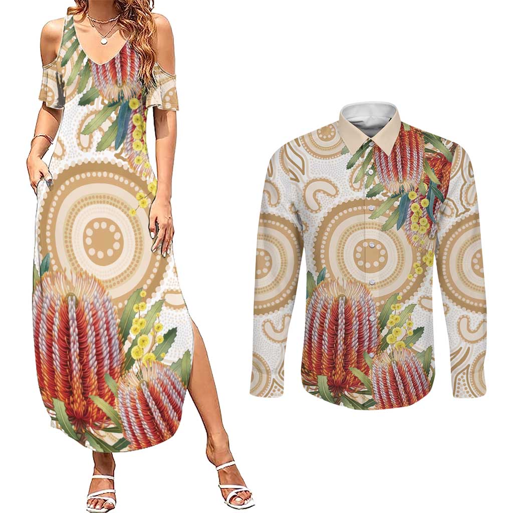 Australia Banksia Couples Matching Summer Maxi Dress and Long Sleeve Button Shirt Aussie Native Flowers Indigenous Art - Aussie Hoodie