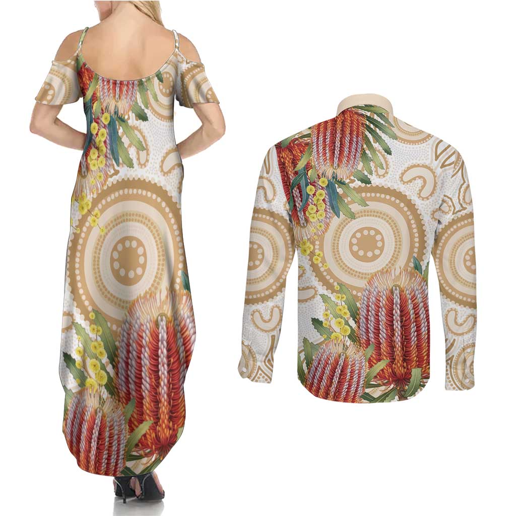 Australia Banksia Couples Matching Summer Maxi Dress and Long Sleeve Button Shirt Aussie Native Flowers Indigenous Art - Aussie Hoodie