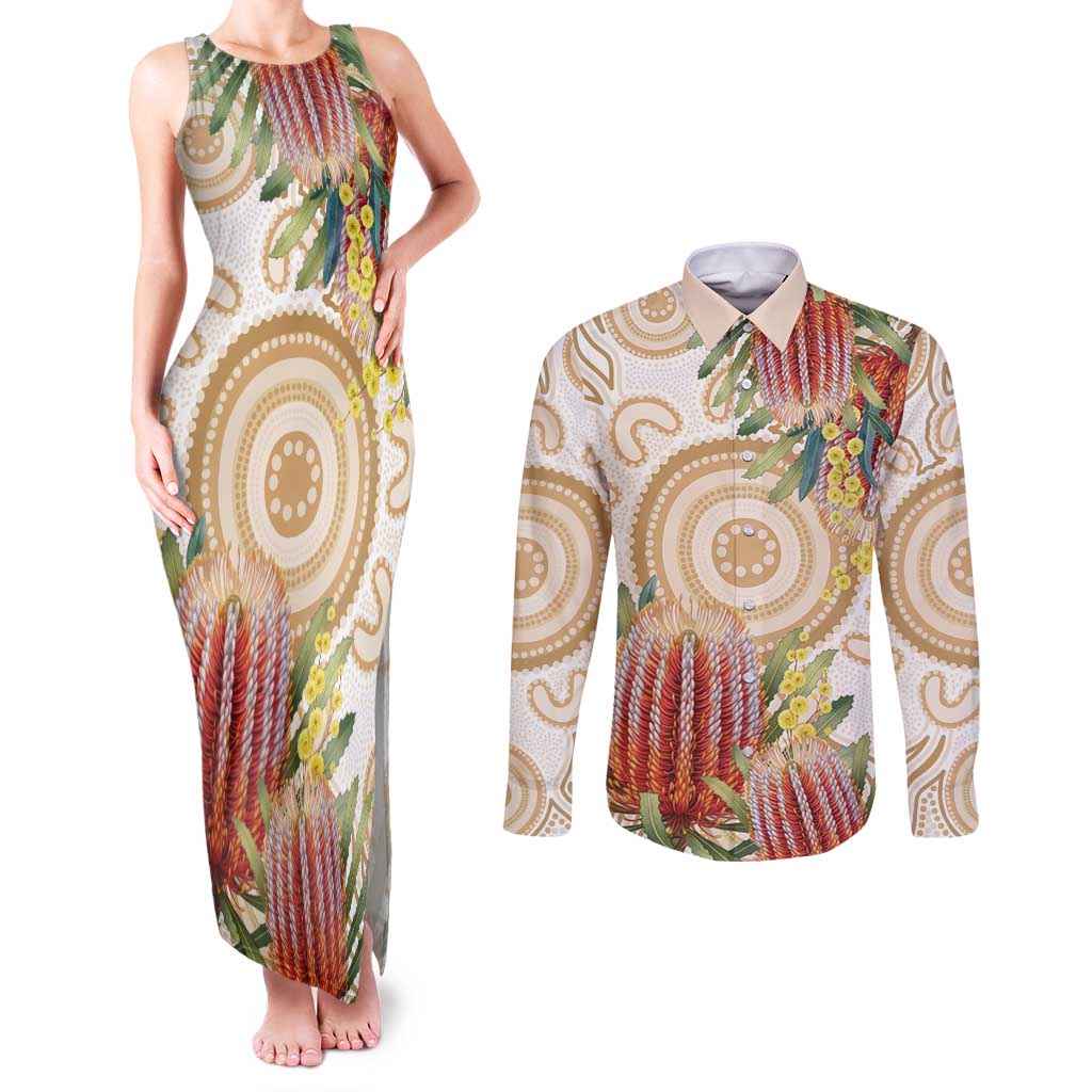 Australia Banksia Couples Matching Tank Maxi Dress and Long Sleeve Button Shirt Aussie Native Flowers Indigenous Art - Aussie Hoodie