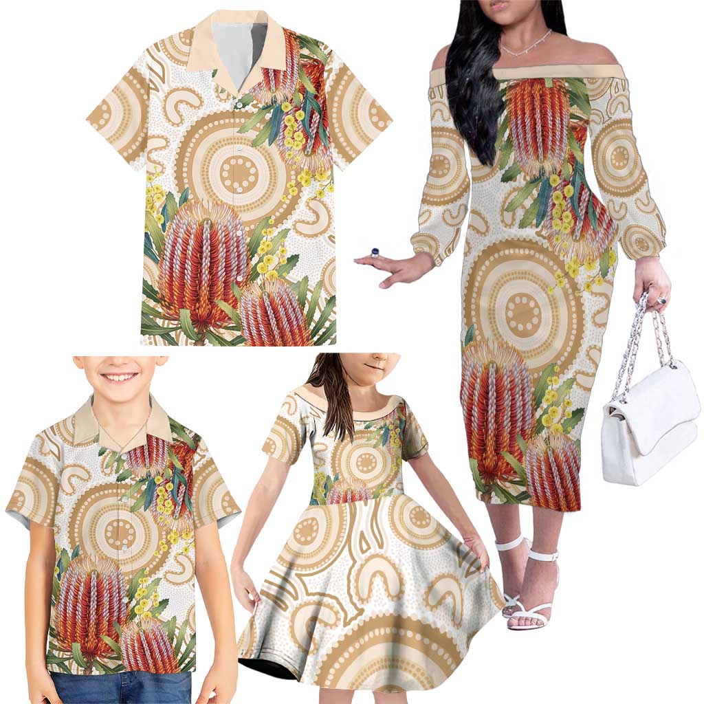Australia Banksia Family Matching Off The Shoulder Long Sleeve Dress and Hawaiian Shirt Aussie Native Flowers Indigenous Art - Aussie Hoodie