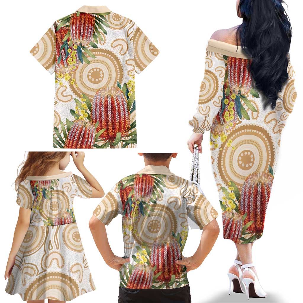 Australia Banksia Family Matching Off The Shoulder Long Sleeve Dress and Hawaiian Shirt Aussie Native Flowers Indigenous Art - Aussie Hoodie
