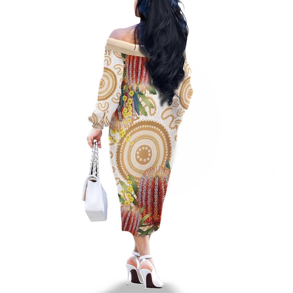Australia Banksia Family Matching Off The Shoulder Long Sleeve Dress and Hawaiian Shirt Aussie Native Flowers Indigenous Art - Aussie Hoodie