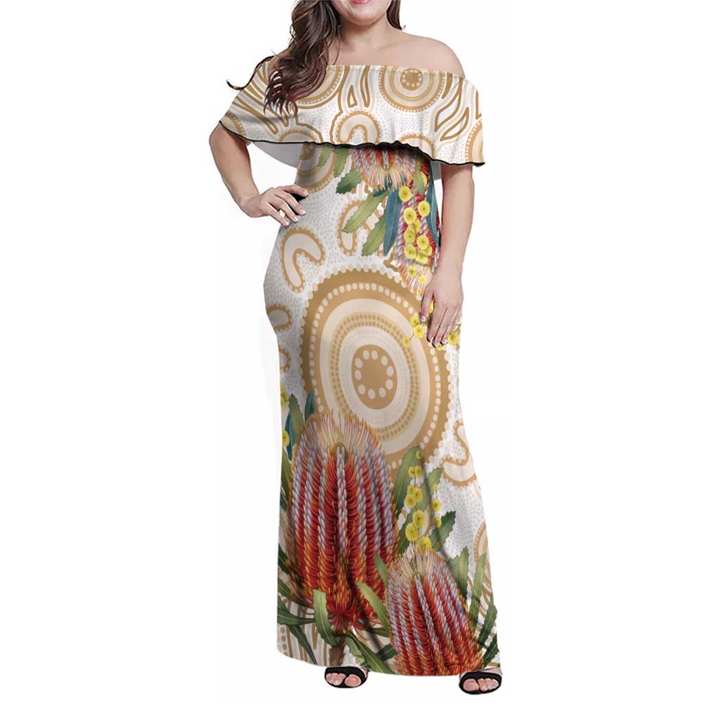 Australia Banksia Family Matching Off Shoulder Maxi Dress and Hawaiian Shirt Aussie Native Flowers Indigenous Art - Aussie Hoodie
