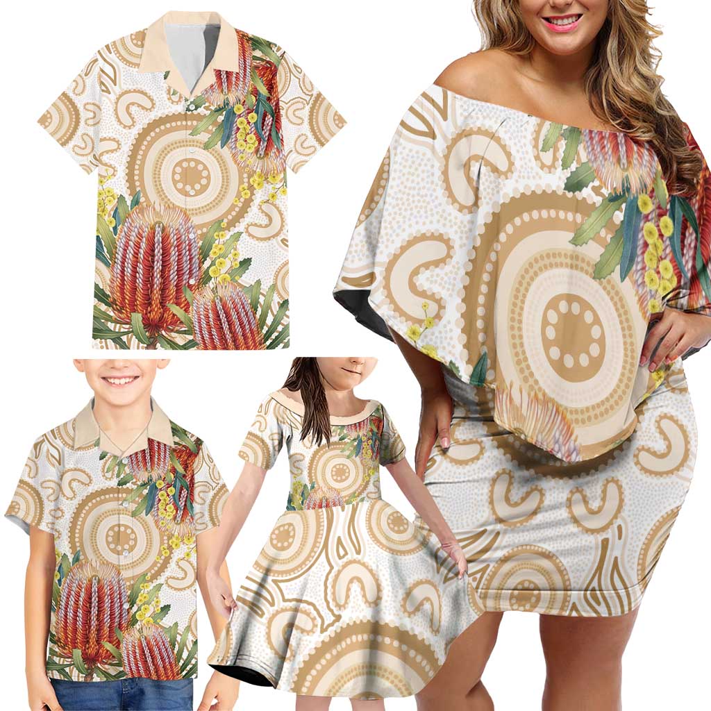Australia Banksia Family Matching Off Shoulder Short Dress and Hawaiian Shirt Aussie Native Flowers Indigenous Art - Aussie Hoodie