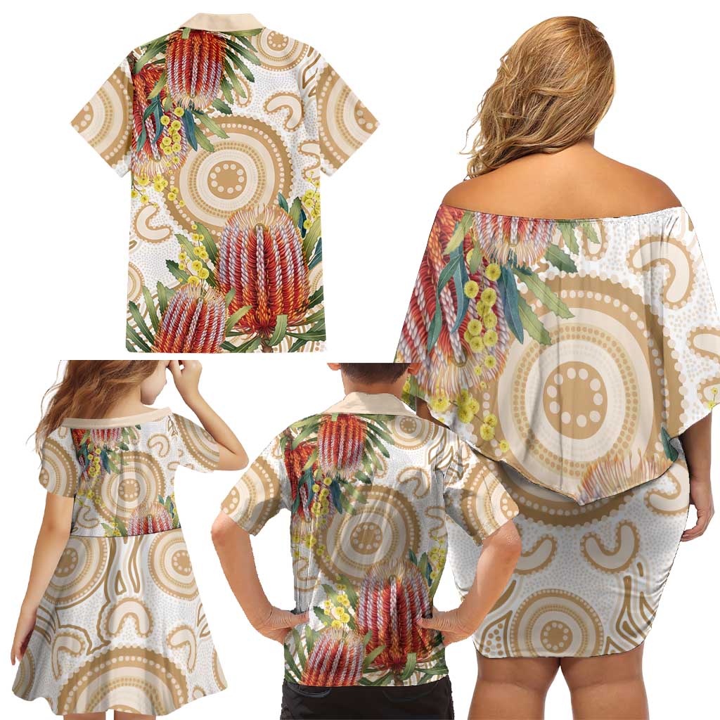 Australia Banksia Family Matching Off Shoulder Short Dress and Hawaiian Shirt Aussie Native Flowers Indigenous Art - Aussie Hoodie
