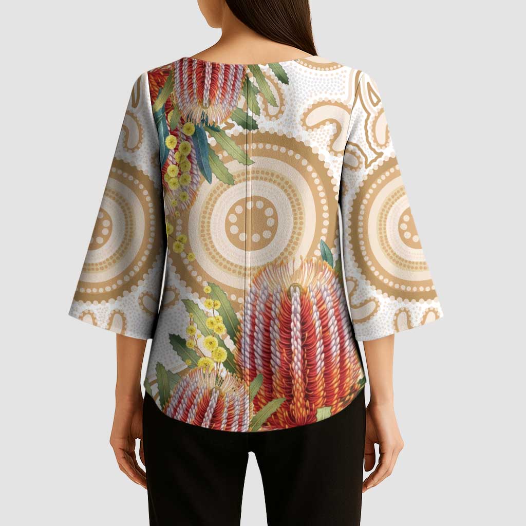 Australia Banksia Kimono Sleeve Blouse Aussie Native Flowers Indigenous Art - Aussie Hoodie