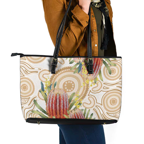 Australia Banksia Leather Tote Bag Aussie Native Flowers Indigenous Art - Aussie Hoodie