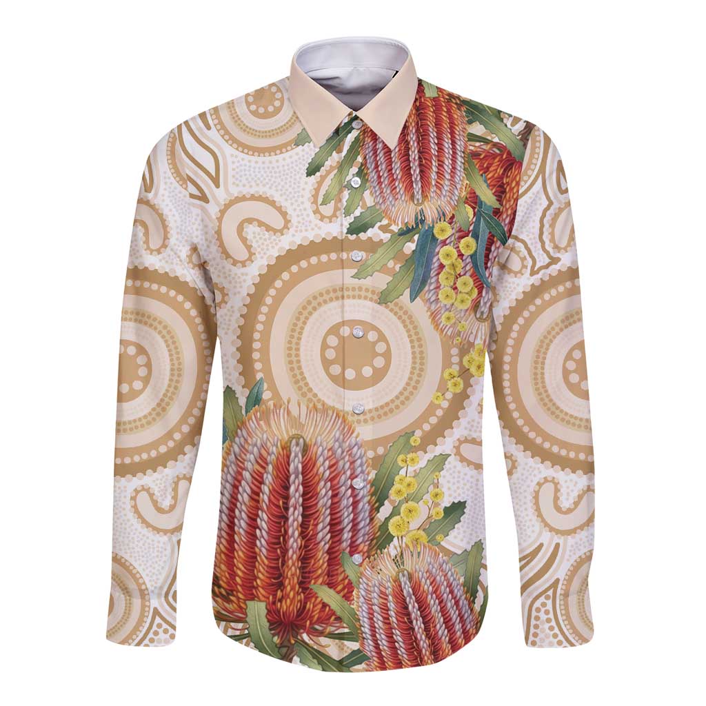Australia Banksia Long Sleeve Button Shirt Aussie Native Flowers Indigenous Art - Aussie Hoodie