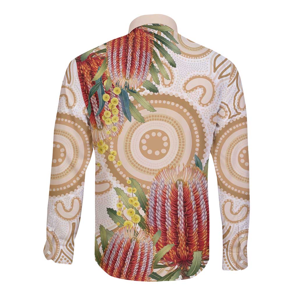 Australia Banksia Long Sleeve Button Shirt Aussie Native Flowers Indigenous Art - Aussie Hoodie