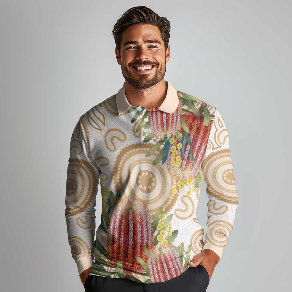 Australia Banksia Long Sleeve Polo Shirt Aussie Native Flowers Indigenous Art - Aussie Hoodie