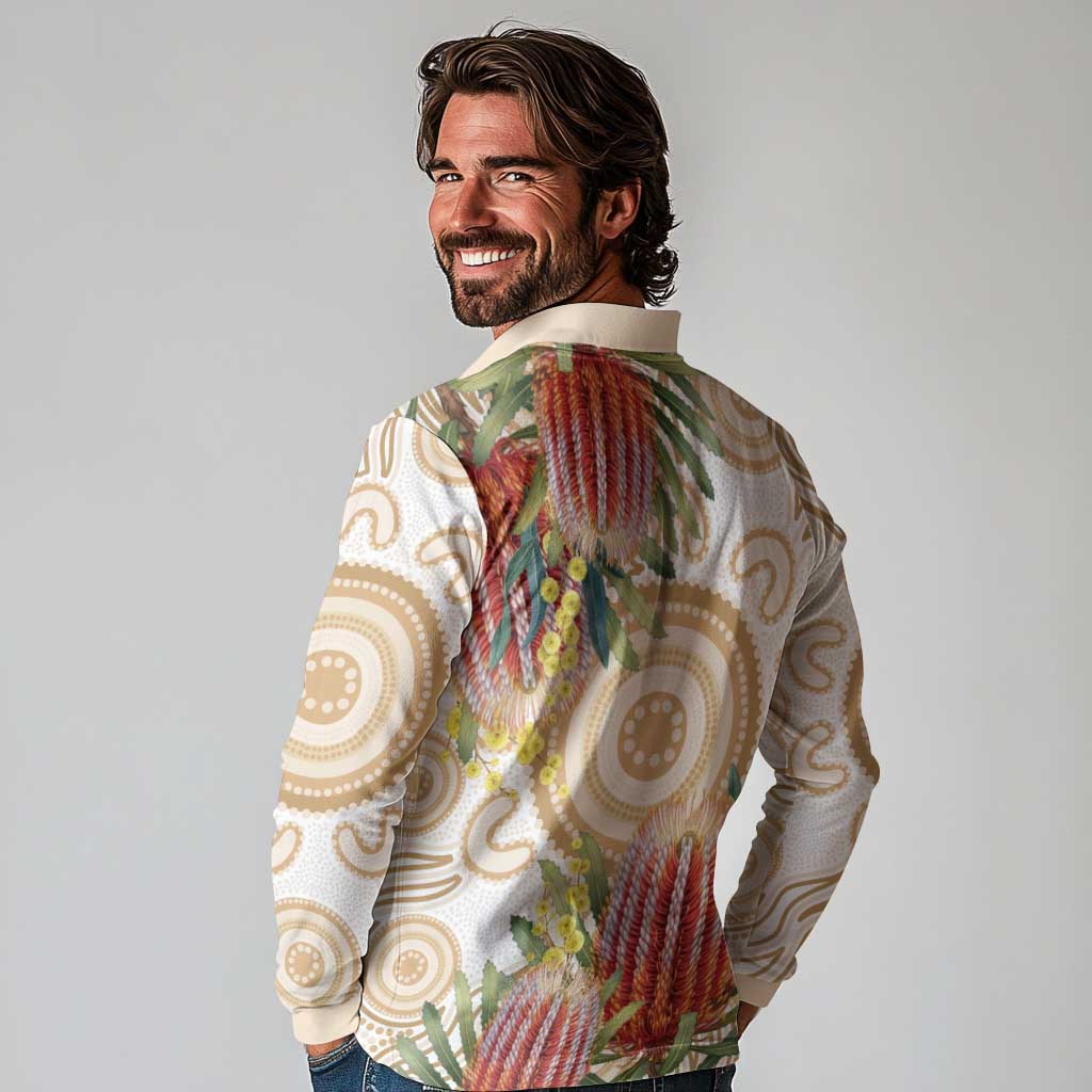 Australia Banksia Long Sleeve Polo Shirt Aussie Native Flowers Indigenous Art - Aussie Hoodie