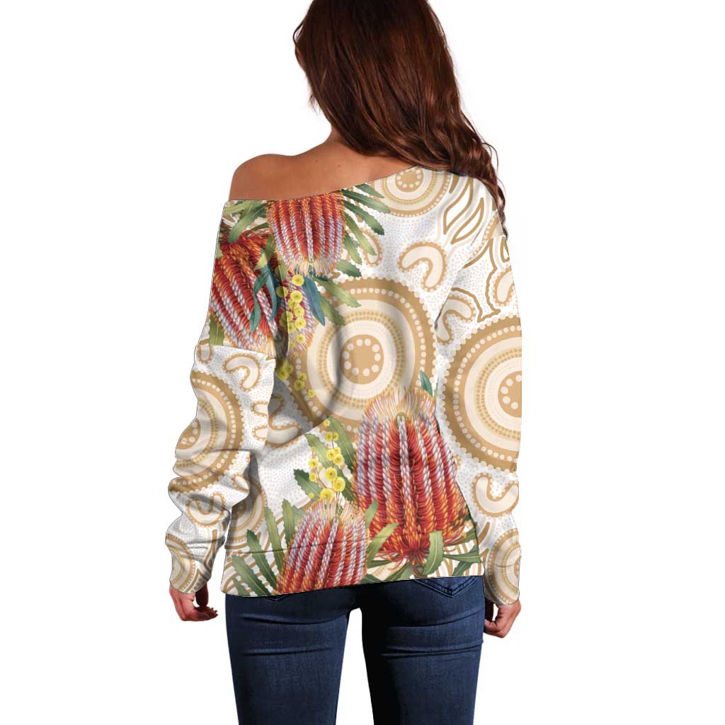 Australia Banksia Off Shoulder Sweater Aussie Native Flowers Indigenous Art - Aussie Hoodie