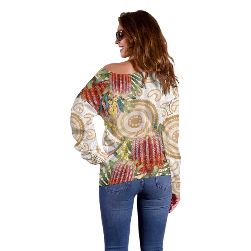 Australia Banksia Off Shoulder Sweater Aussie Native Flowers Indigenous Art - Aussie Hoodie