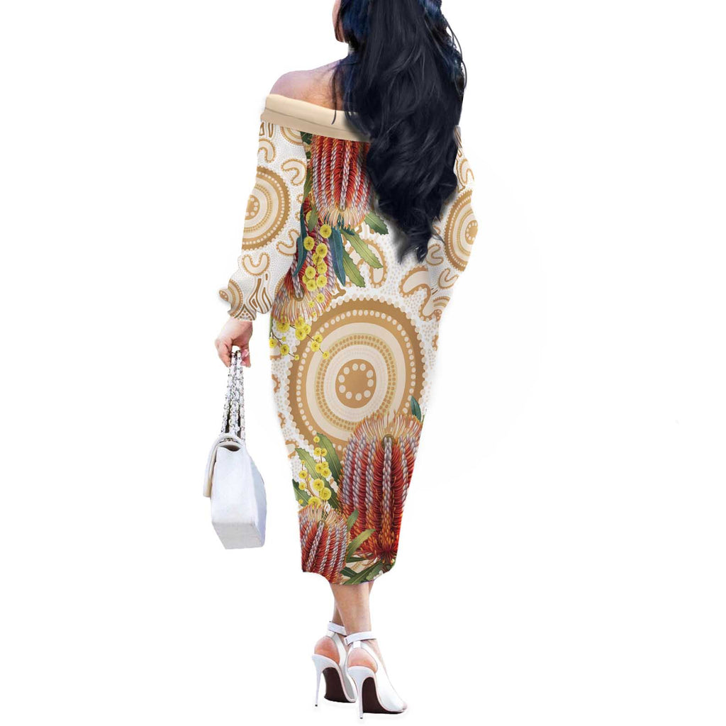 Australia Banksia Off The Shoulder Long Sleeve Dress Aussie Native Flowers Indigenous Art - Aussie Hoodie