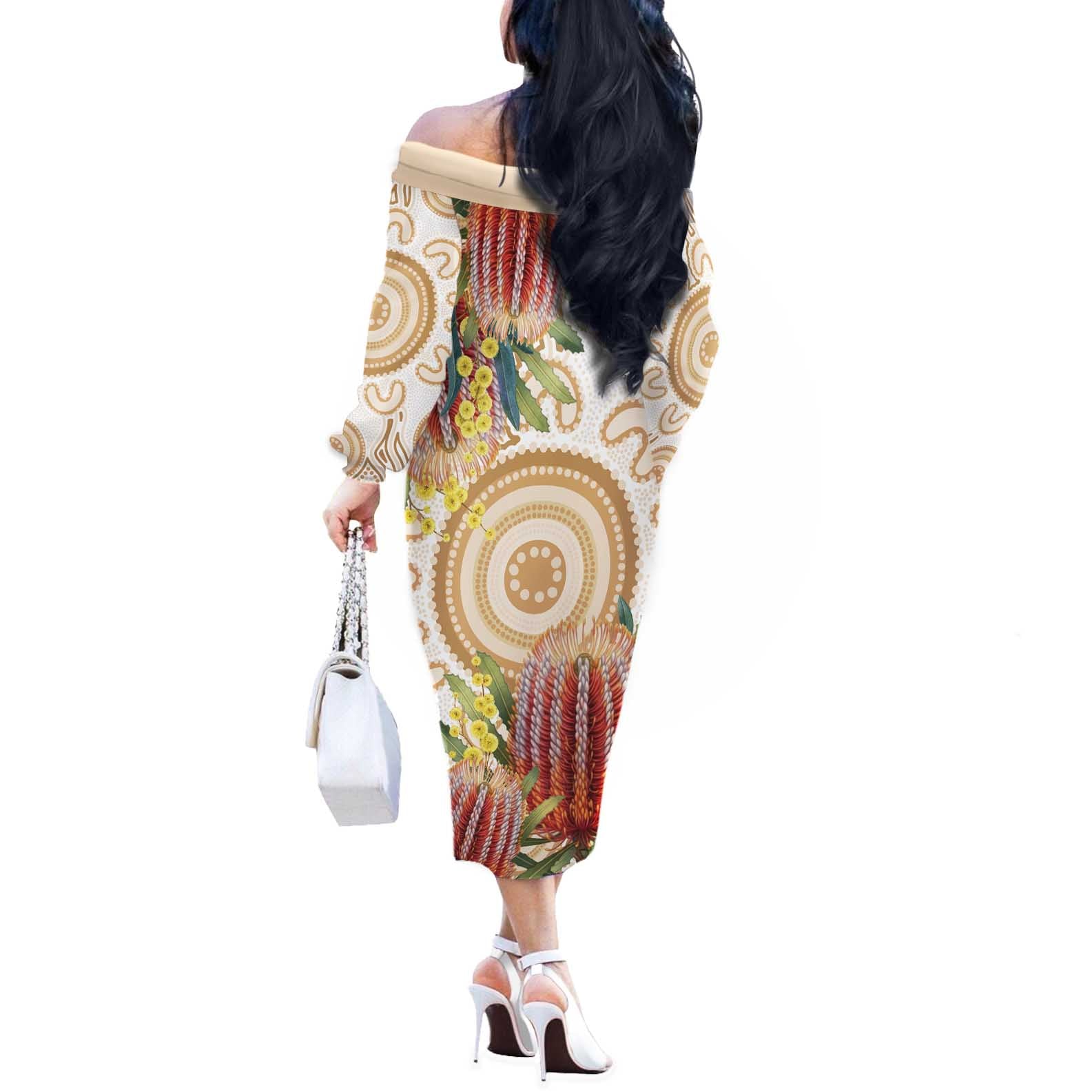 Australia Banksia Off The Shoulder Long Sleeve Dress Aussie Native Flowers Indigenous Art - Aussie Hoodie