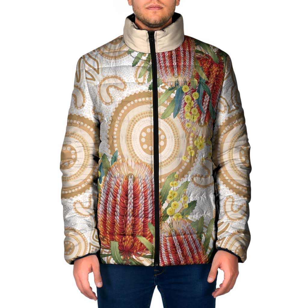 Australia Banksia Padded Jacket Aussie Native Flowers Indigenous Art - Aussie Hoodie