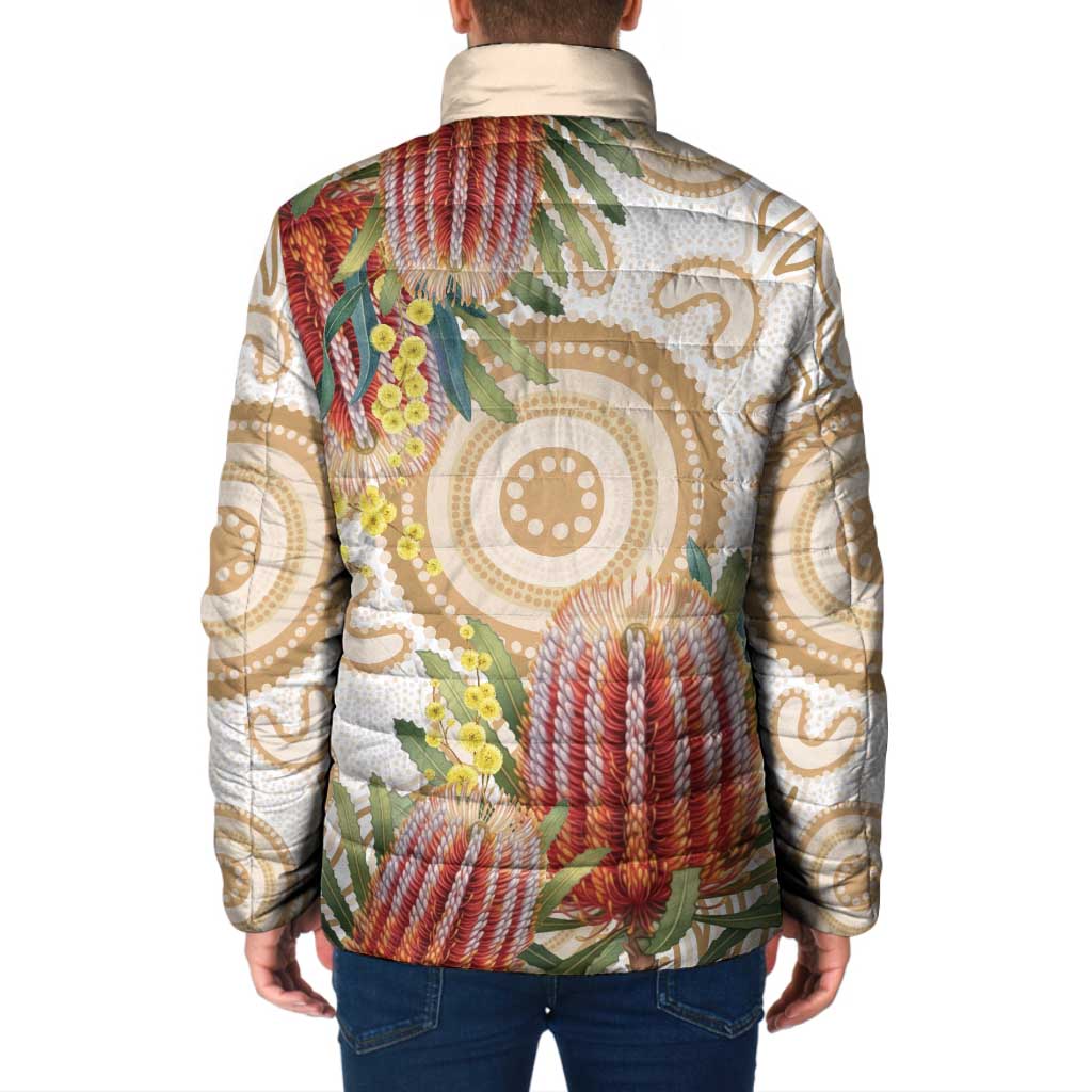 Australia Banksia Padded Jacket Aussie Native Flowers Indigenous Art - Aussie Hoodie