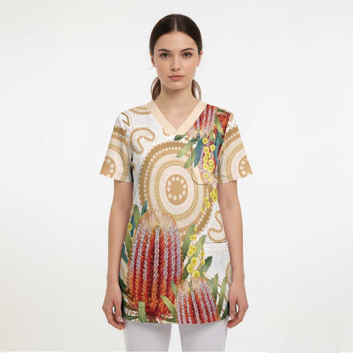 Australia Banksia Scrub Top Aussie Native Flowers Indigenous Art - Aussie Hoodie