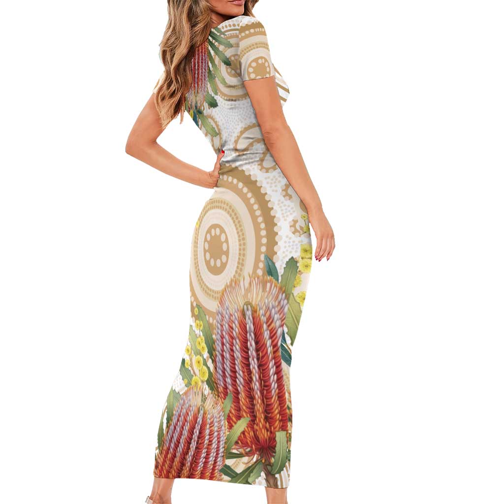 Australia Banksia Short Sleeve Bodycon Dress Aussie Native Flowers Indigenous Art - Aussie Hoodie