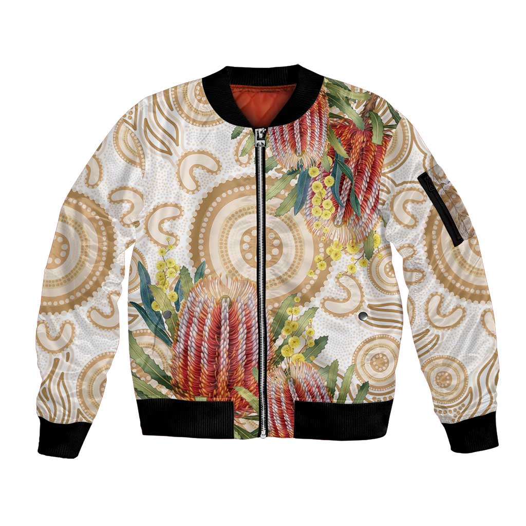 Australia Banksia Sleeve Zip Bomber Jacket Aussie Native Flowers Indigenous Art - Aussie Hoodie