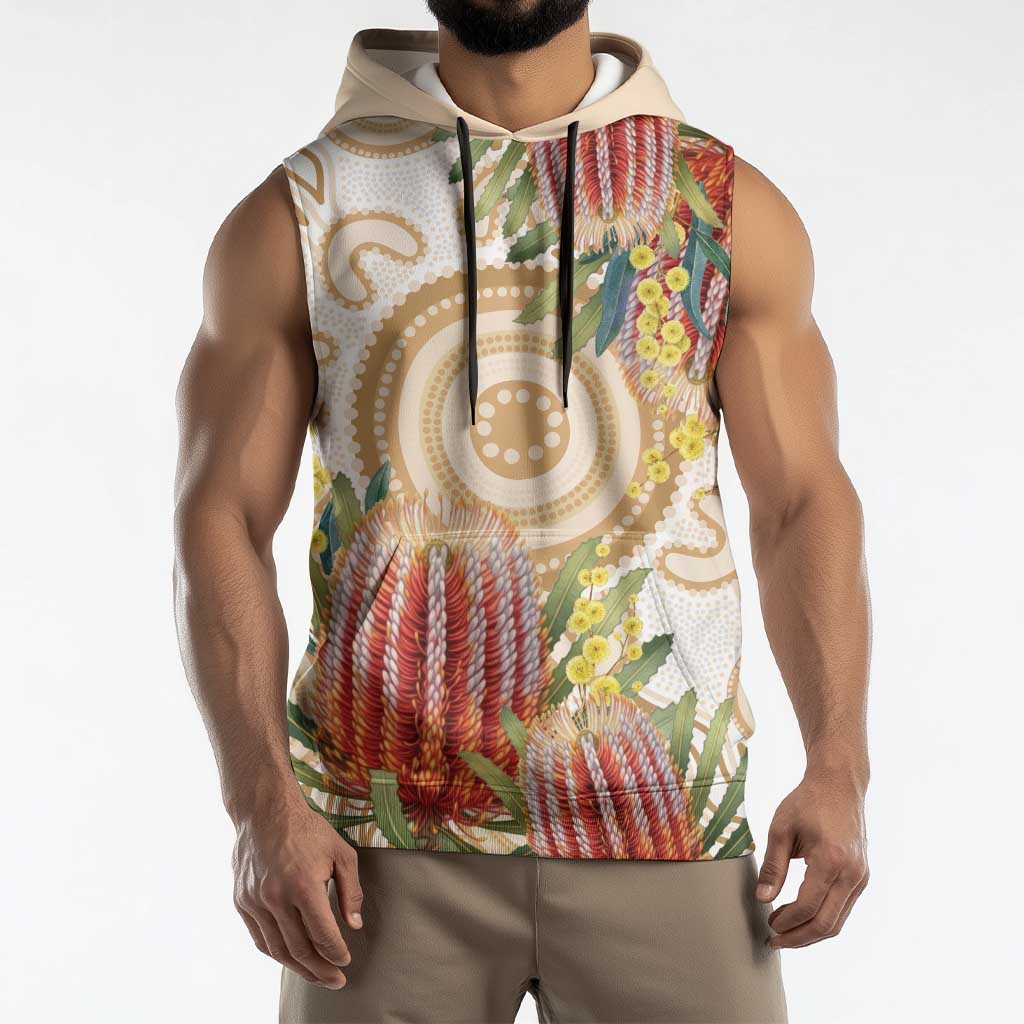 Australia Banksia Sleeveless Hoodie Aussie Native Flowers Indigenous Art - Aussie Hoodie
