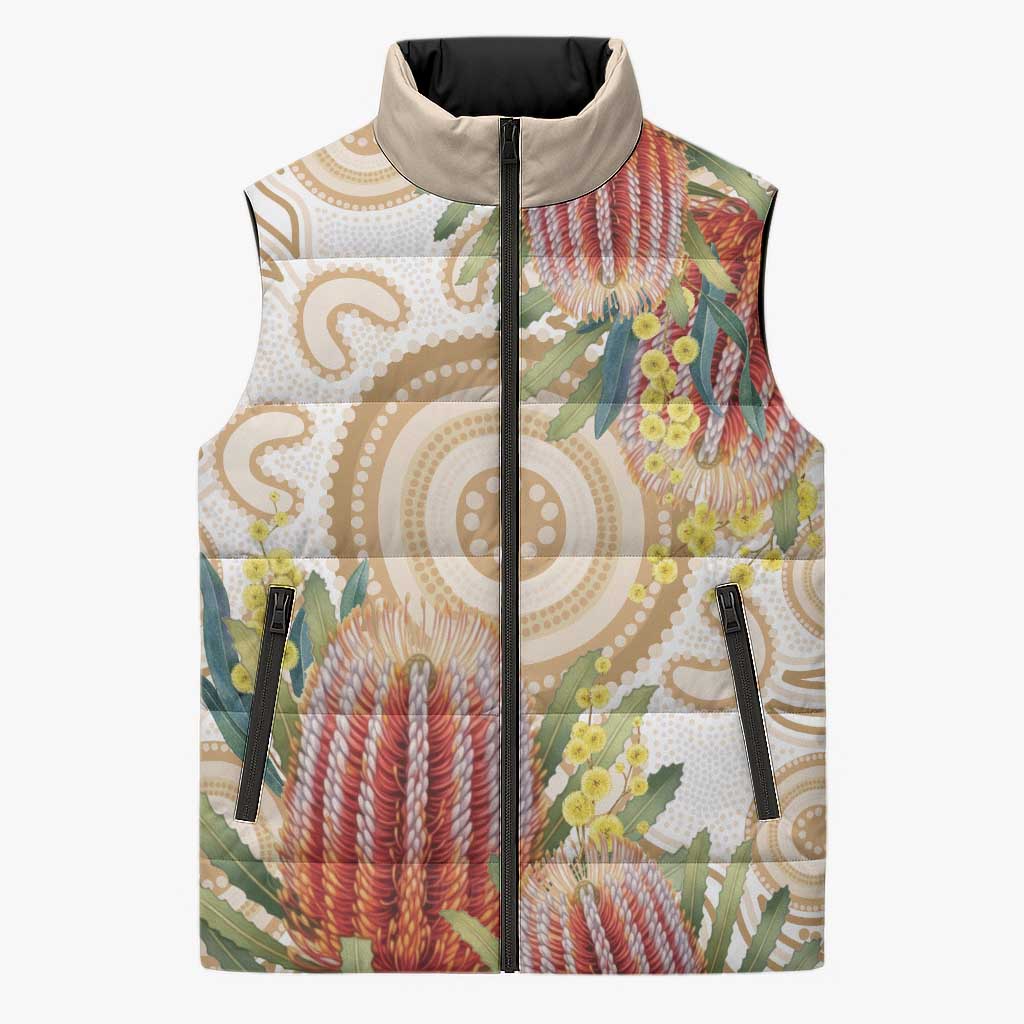 Australia Banksia Sleeveless Puffer Jacket Aussie Native Flowers Indigenous Art - Aussie Hoodie