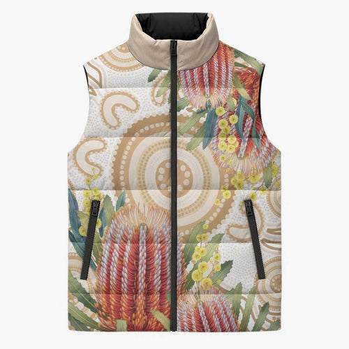 Australia Banksia Sleeveless Puffer Jacket Aussie Native Flowers Indigenous Art - Aussie Hoodie