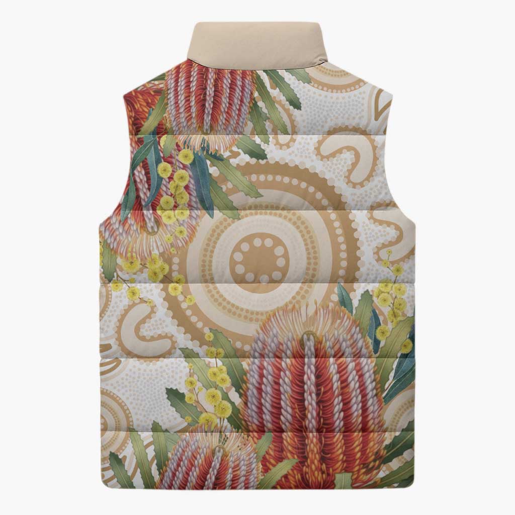 Australia Banksia Sleeveless Puffer Jacket Aussie Native Flowers Indigenous Art - Aussie Hoodie