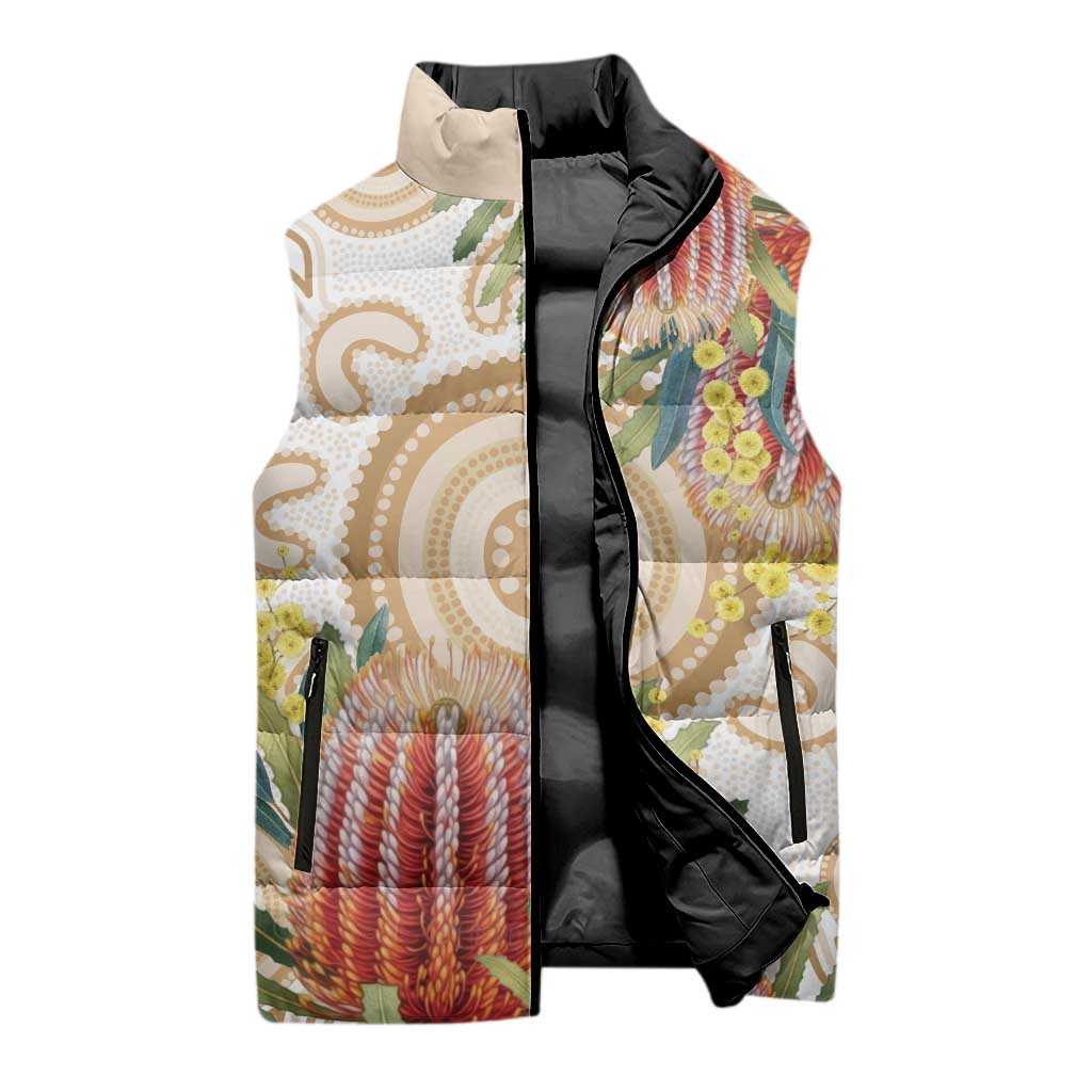 Australia Banksia Sleeveless Puffer Jacket Aussie Native Flowers Indigenous Art - Aussie Hoodie