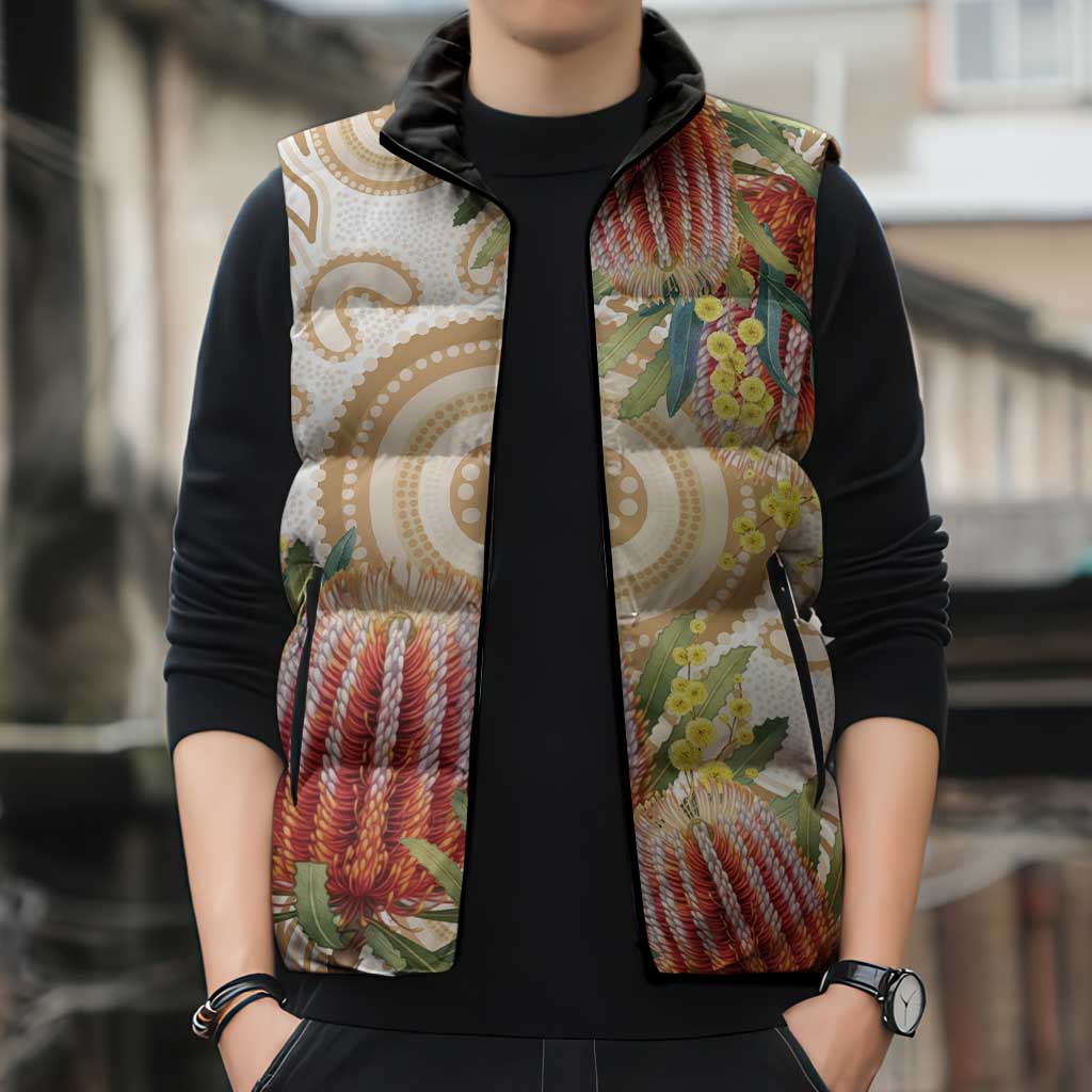 Australia Banksia Sleeveless Puffer Jacket Aussie Native Flowers Indigenous Art - Aussie Hoodie