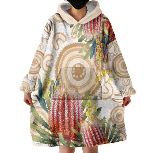 Australia Banksia Wearable Blanket Hoodie Aussie Native Flowers Indigenous Art - Aussie Hoodie