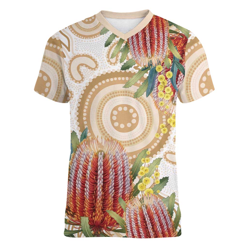 Australia Banksia Women V-Neck T-Shirt Aussie Native Flowers Indigenous Art - Aussie Hoodie