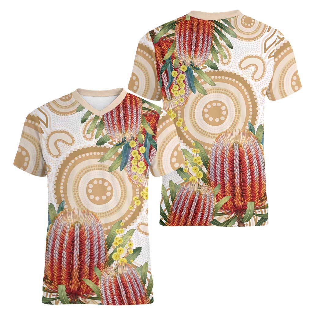 Australia Banksia Women V-Neck T-Shirt Aussie Native Flowers Indigenous Art - Aussie Hoodie