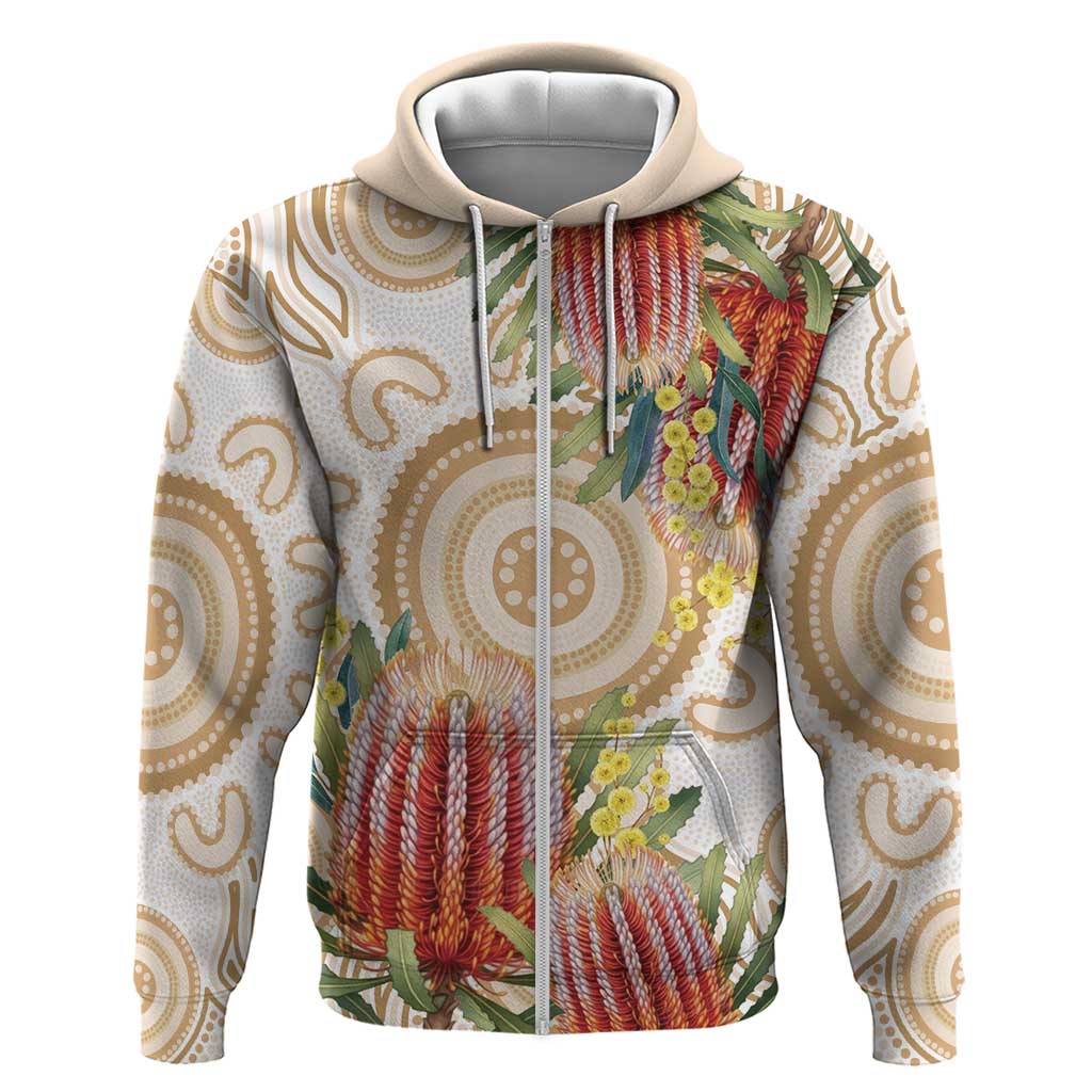Australia Banksia Zip Hoodie Aussie Native Flowers Indigenous Art - Aussie Hoodie