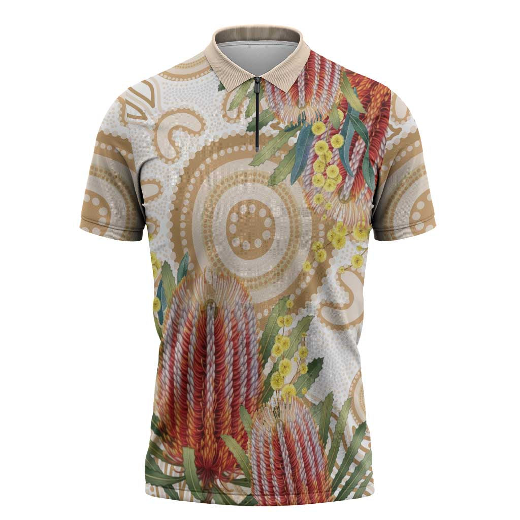 Australia Banksia Zipper Polo Shirt Aussie Native Flowers Indigenous Art - Aussie Hoodie