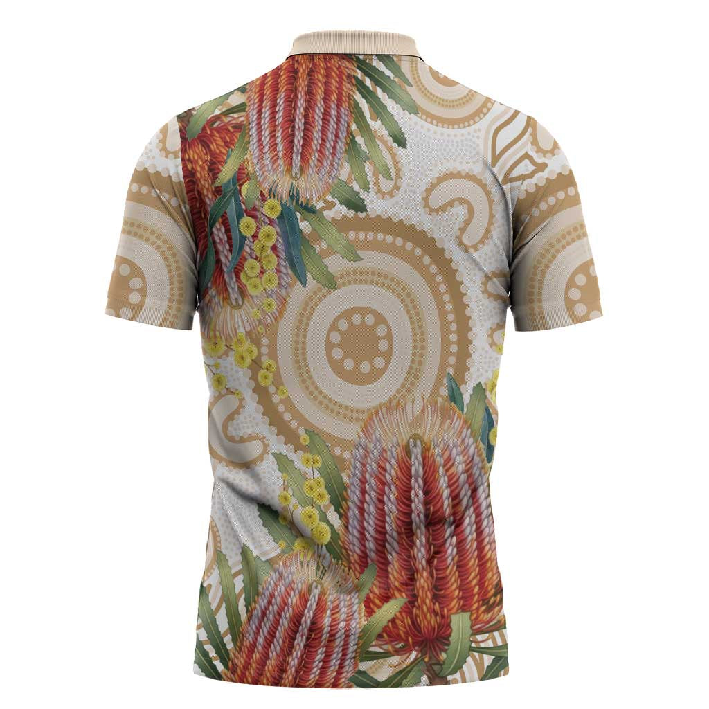 Australia Banksia Zipper Polo Shirt Aussie Native Flowers Indigenous Art - Aussie Hoodie