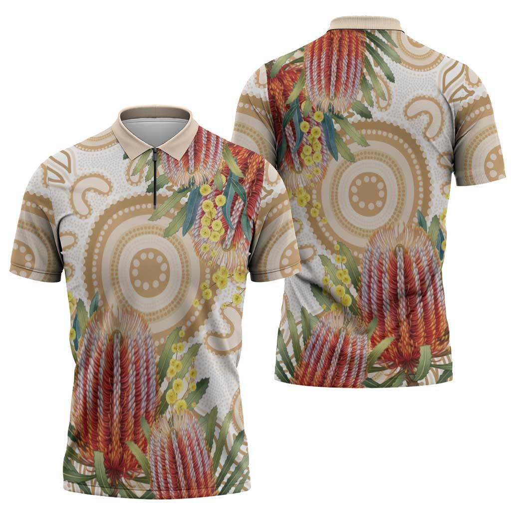 Australia Banksia Zipper Polo Shirt Aussie Native Flowers Indigenous Art - Aussie Hoodie