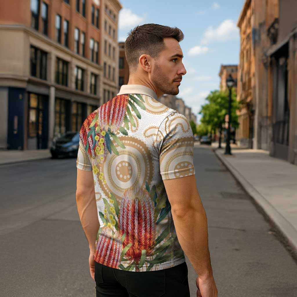 Australia Banksia Zipper Polo Shirt Aussie Native Flowers Indigenous Art - Aussie Hoodie