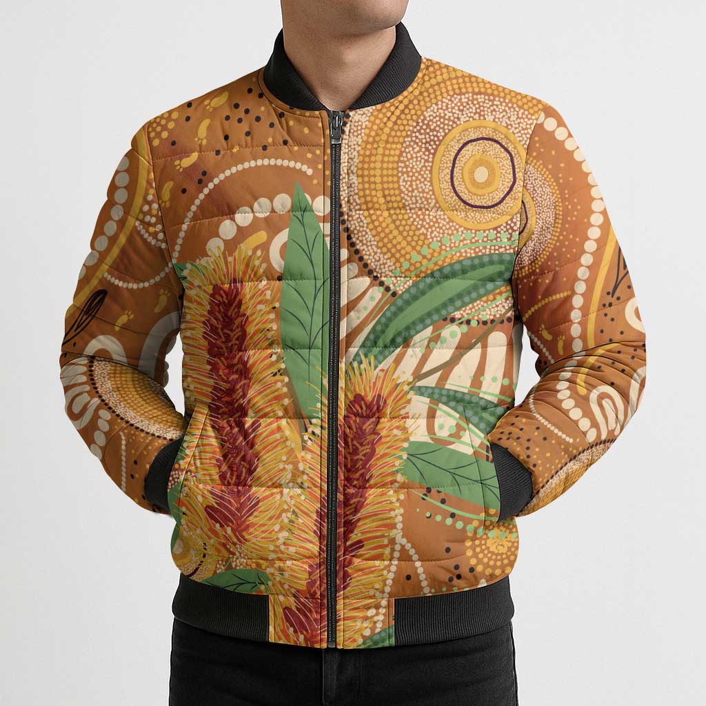 Australia Bottlebrush Bomber Puffer Jacket Callistemon Aussie Native Flowers Indigenous Art - Aussie Hoodie